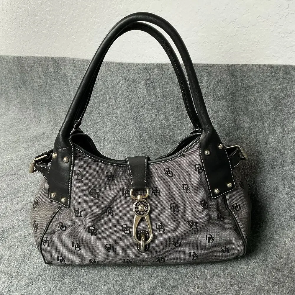 Vintage Dooney & Bourke Gray/Black Tulip Satchel Logo Purse With Clip